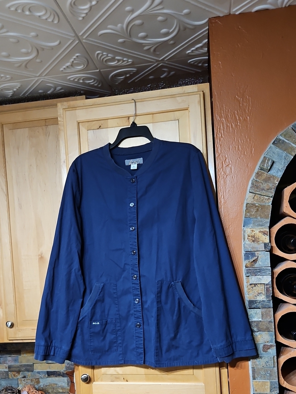 Koi Comfort Navy Blue Long Sleeve Button Up Scrub Jacket Pockets